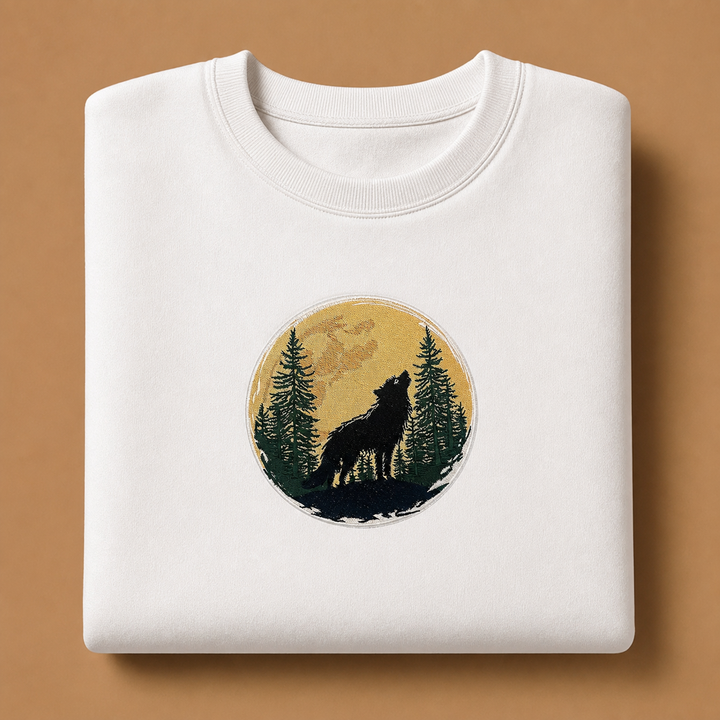 Mystic Forest Wolf Machine Embroidered Sweatshirt – Hand Finished in Dubai | EmbroMania