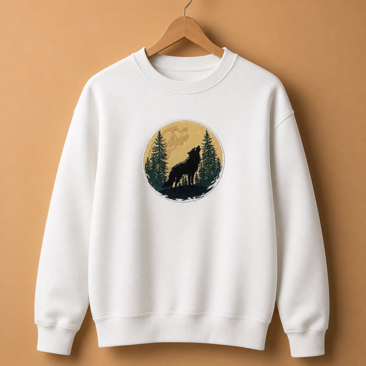 Mystic Forest Wolf Machine Embroidered Sweatshirt – Hand Finished in Dubai | EmbroMania