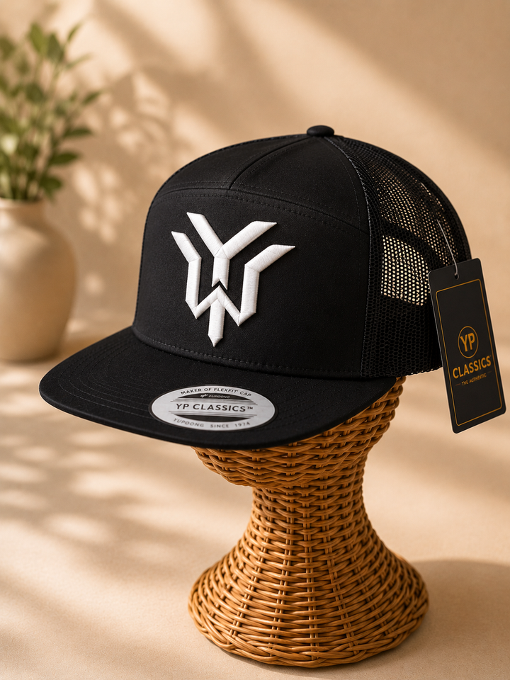 🖤⚡ Dark Wrath – Wrath Crest YW Monogram · White 3D puff · Black Flat Trucker YP Classics · Hand Finished in Dubai | EmbroMania