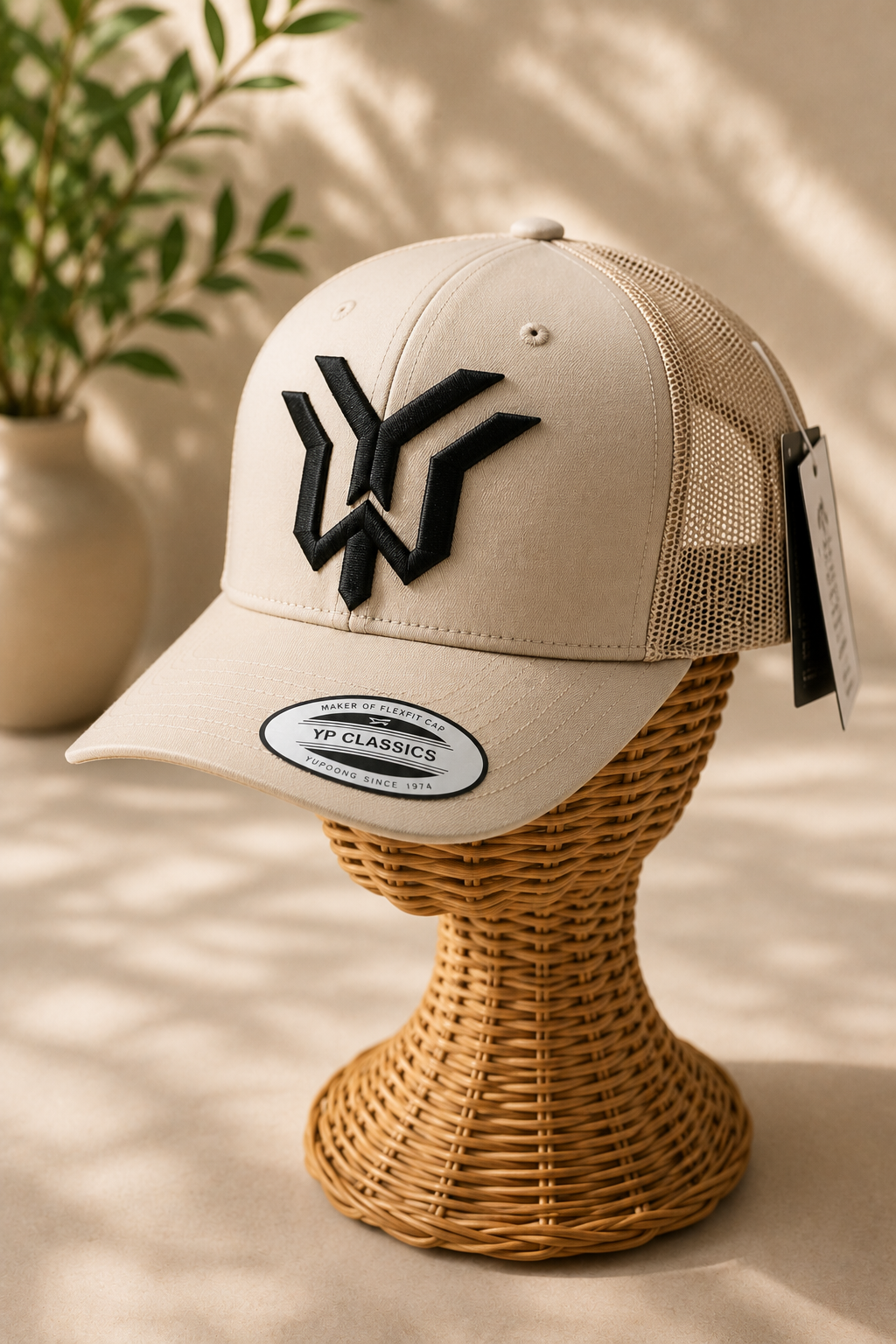 🏜️🖤 Desert Wrath – Wrath Crest YW Monogram · Black 3D puff · Sand Beige Retro Trucker YP Classics · Hand Finished in Dubai | EmbroMania
