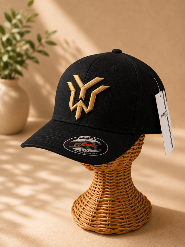 ✨🖤 Gilded Fury – Wrath Crest YW Monogram · Gold 3D puff · Black Solid Flexfit · Hand Finished in Dubai | EmbroMania