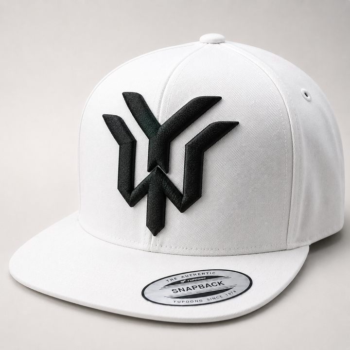 🤍⚡ Ivory Storm – Wrath Crest YW Monogram · Black 3D puff · All White Structured Snapback · Hand Finished in Dubai | EmbroMania