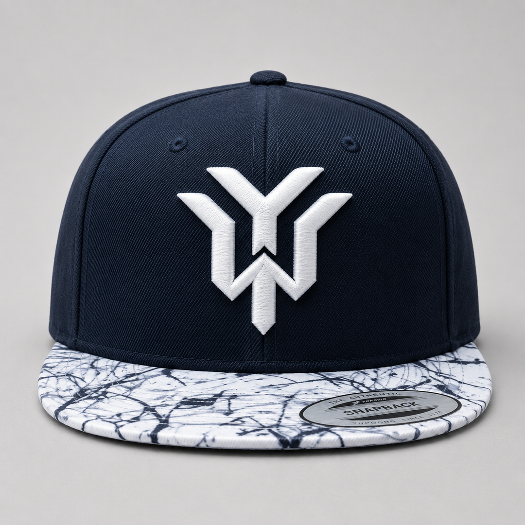 🌊🤍 Marble Crest – Wrath Crest YW Monogram · White 3D puff · Navy Crown & Marble Brim Snapback · Hand Finished in Dubai | EmbroMania