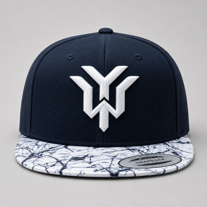 🌊🤍 Marble Crest – Wrath Crest YW Monogram · White 3D puff · Navy Crown &amp; Marble Brim Snapback · Hand Finished in Dubai | EmbroMania