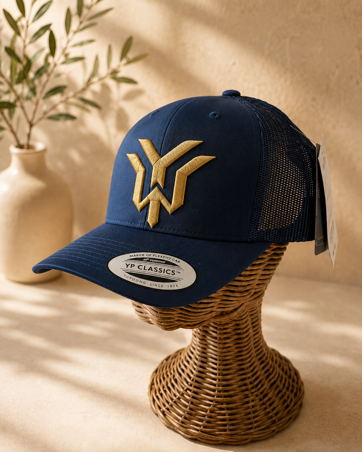 🌊👑 Navy Conquest – Wrath Crest YW Monogram · Gold 3D puff · Dark Navy Curved Trucker YP Classics · Hand Finished in Dubai | EmbroMania