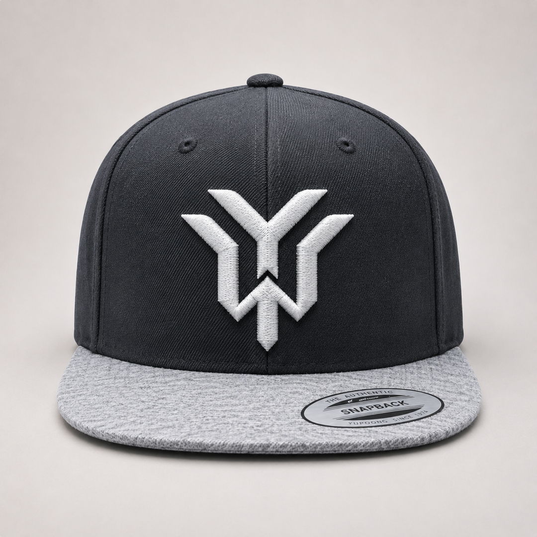 ⚡🌫️ Phantom Wing – Wrath Crest YW Monogram · White 3D puff · Charcoal &amp; Heather Grey Snapback · Hand Finished in Dubai | EmbroMania