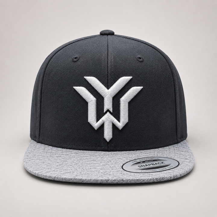 ⚡🌫️ Phantom Wing – Wrath Crest YW Monogram · White 3D puff · Charcoal &amp; Heather Grey Snapback · Hand Finished in Dubai | EmbroMania