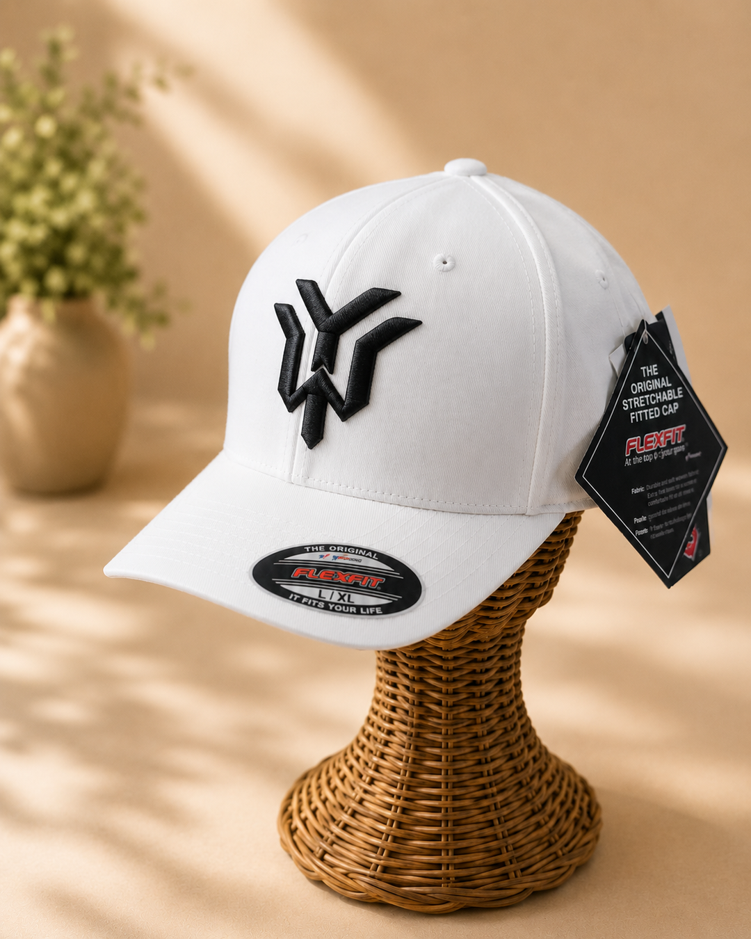 ☁️🖤 White Siege – Wrath Crest YW Monogram · Black 3D puff · White Solid Flexfit · Hand Finished in Dubai | EmbroMania